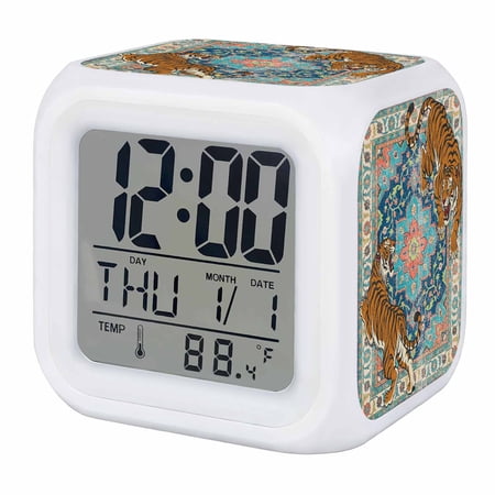 Alarm Clocks Teal Blue Boho Tiger Digital Clock 7 Color LED Night Light Silent Non Ticking Battery