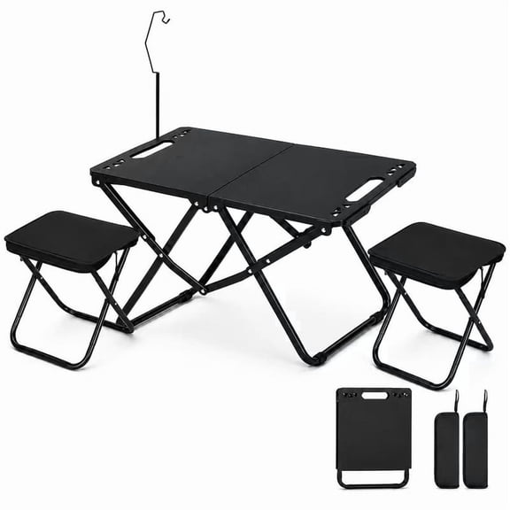 TEIPUERY Compact Folding Camping Table Set with 2 Chairs, Small Portable Picnic Table for Camping, Beach, Fishing & Travel