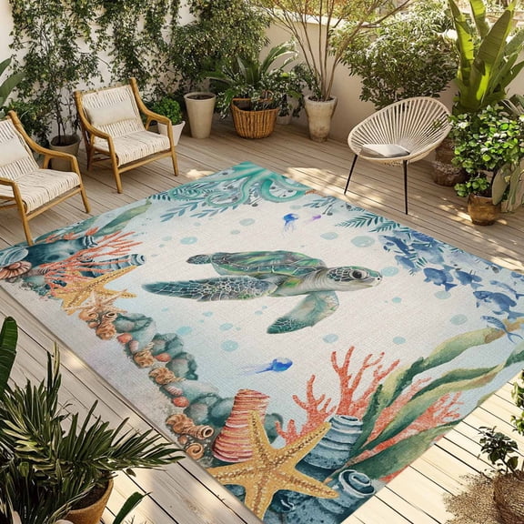 Sea Turtle Coastal Outdoor Rug for Patio/Deck/Porch, Non-Slip Large Area Rug 4 x 6 Ft, Summer Nautical Starfish Coral Beige Indoor Outdoor Rugs Washable Area Rugs, Camping Rug Carpet Runner