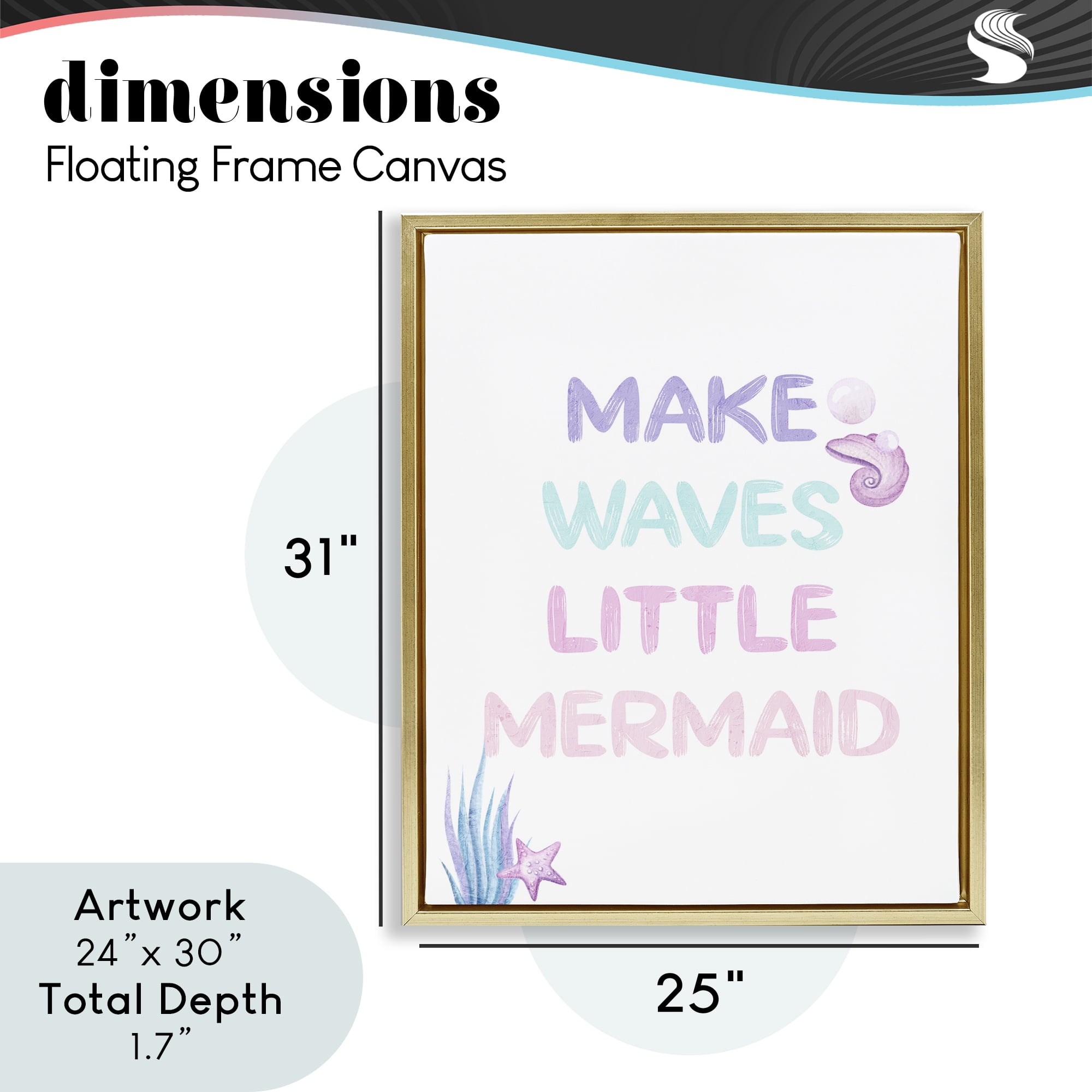 Make Waves Little Mermaid Gold Framed Floater Canvas Wall Art, design by Kim Allen