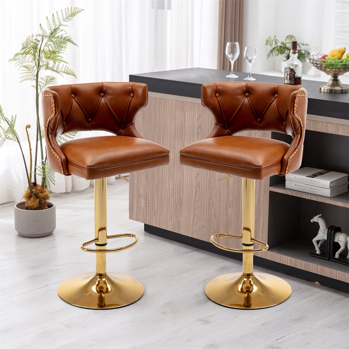 Swivel Bar Stools Set of 2, Adjustable Height Counter Stools Modern Upholstered PU Leather