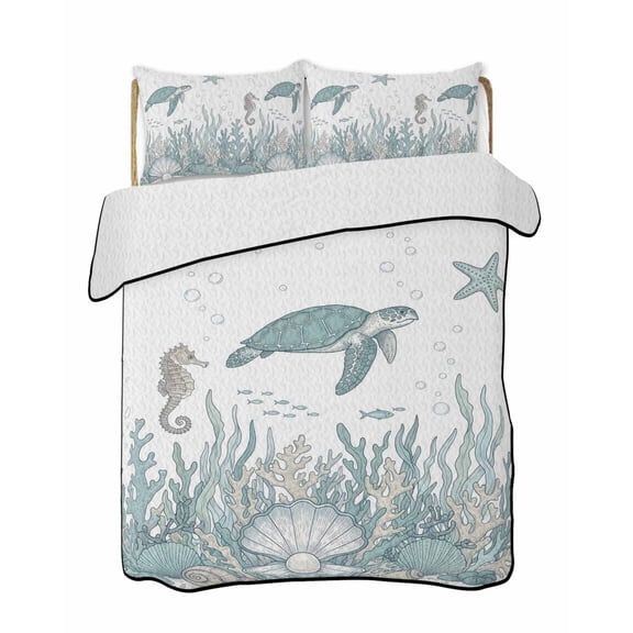 Quilts Queen Size Bedding Set, Teal Green Turtle Coastal Lightweight Quilted Comforter, Nautical Coral Seahorse Summer Soft Reversible Bedspread Coverlet with Pillow Covers for All Season, 90" x 96"
