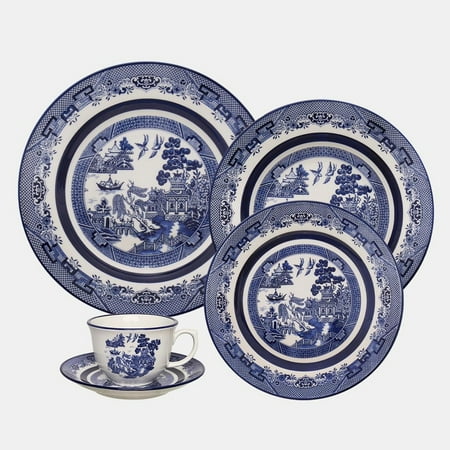 Oxford Flamingo, Blue Willow Porcelain 20 Piece Dinnerware Set, Service for 4