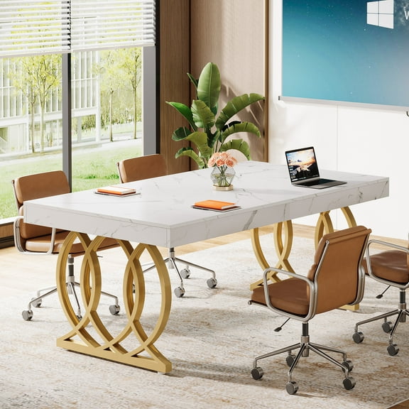 Tribesigns 5 ft Conference Table for 4 to 6, 63-Inch Rectangle Meeting Table Modern Computer Desk with Metal Base, White and Gold