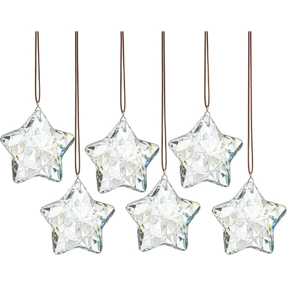 6 Pcs Clear Faceted Glass Star Hanging Ornaments, Christmas Tree Decorations for Xmas, Winter, New Year Party & Home Holiday Decor