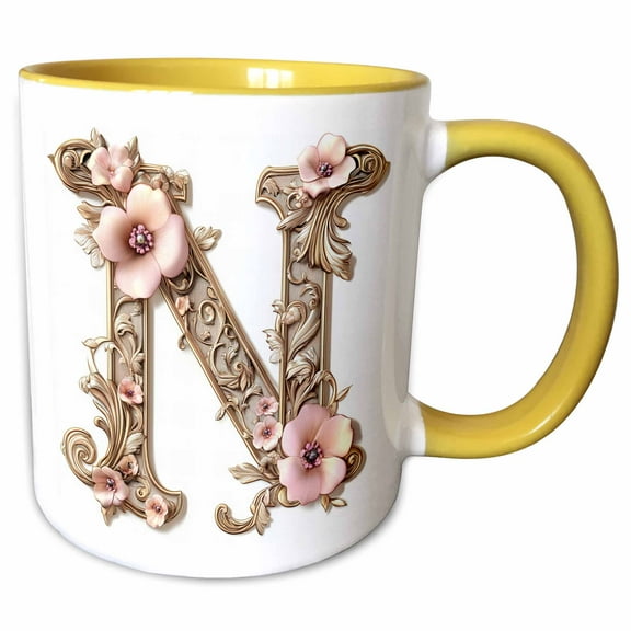 3drose, Pink and Image of Gold Floral Monogram Initial N, 11oz Two-tone Yellow Mug