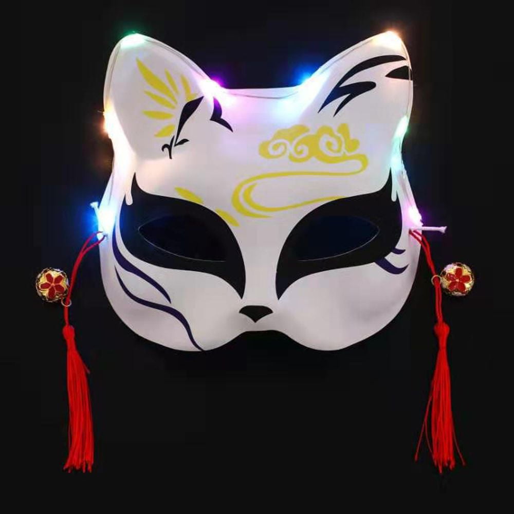 Unisex Hand Painted Masquerade Festival With Bells Half Face Kitsune