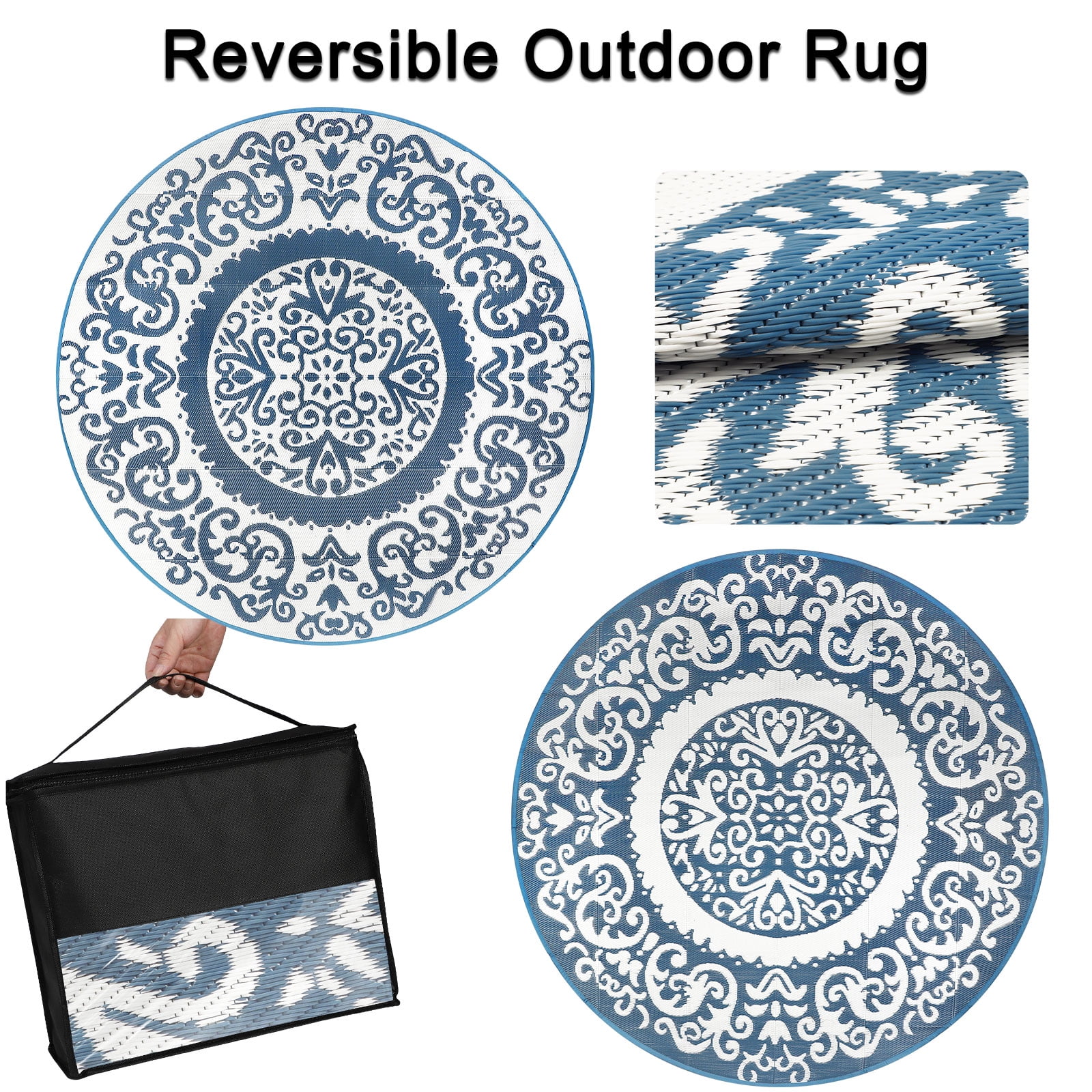 Aonewoe Round Outdoor Rugs 8Ft Waterproof Patio Plastic Straw Rug Reversible Camping Carpet Indoor Outdoor Area Rug for Patio,Deck,Balcony,Picnic,Beach,Outside