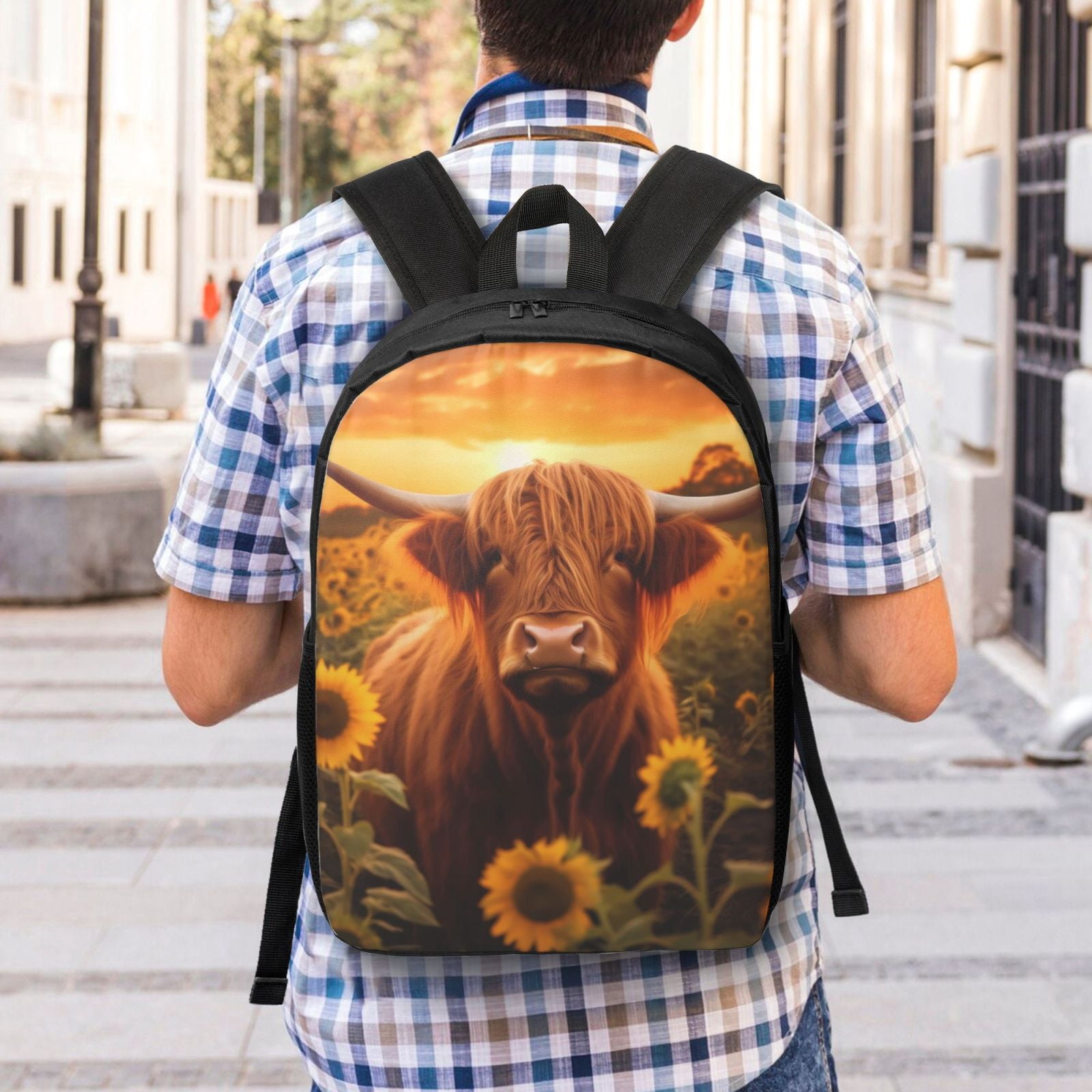 Xecao Vintage Sunflower Cow B print Travel Backpack, Large Computer Backpack for Men Women, College School Rucksack Book Bag