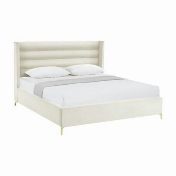 Posh Living Kaeson Upholstered Velvet & Wood Queen Platform Bed in Cream White