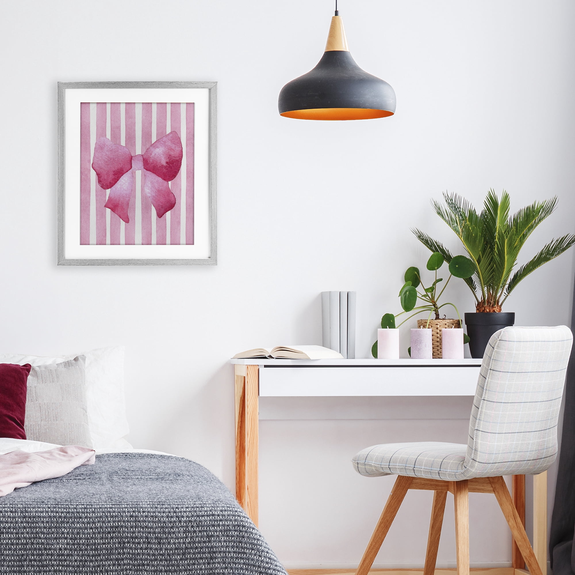 Stupell Industries Chic Bow on Pink Stripes Gray Framed Print Under Glass, design by Camila Juncos