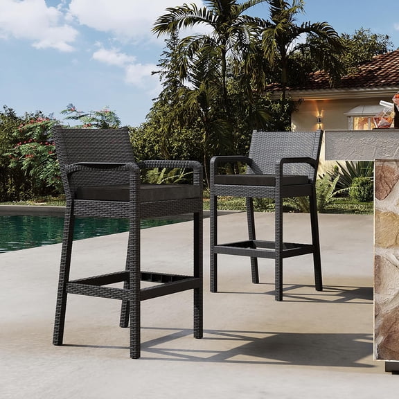 Set of 2 Outdoor Bar Stools with Arms, Patio Bar Stools Wicker Barstools Tall Chairs, Bar Height Patio Chairs for Balcony Garden Outside Pool Deck Backyard - Black (2 Pack)