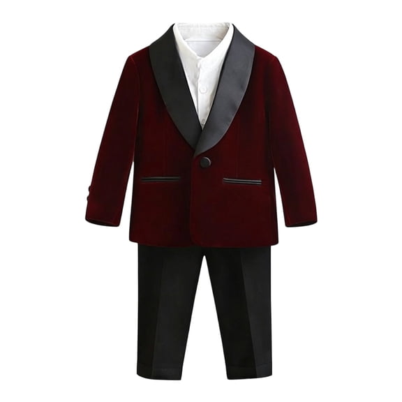 TIREOW Boys Formal Suit 4 Piece Set Long Sleeve Velvet Jacket White Shirt Pants and Bow Tie Set Kids Classic Wedding Performance Outfit