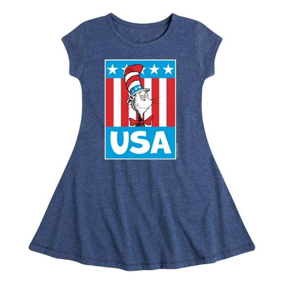 Dr. Seuss - Cat In The Hat USA - Toddler And Youth Girls Fit And Flare Dress