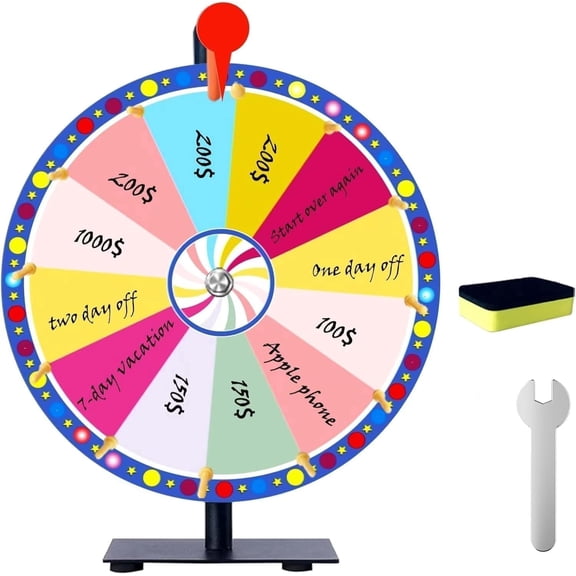 30CM Prize Wheel, 12 Slots Color Spinning Wheel with Eraser, Heavy Duty Prize Wheel Spinner with Stand for Carnival Games, House Parties and Trade Shows