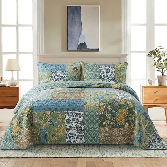 Quilt Set King Size, 100% Cotton Patchwork Green Bohemian Quilt Sets, Reversible Bedspread Lightweight and Breathable for All Seasons, Soft Quilted Bedspread with 2 Pillow Shams