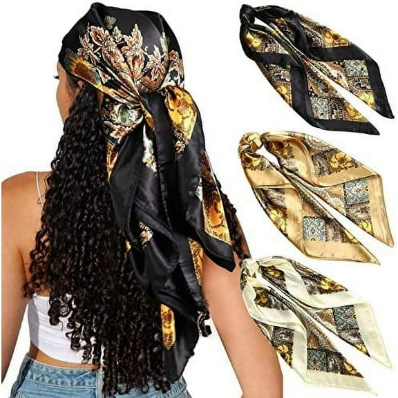 Set of 3 Large Silk Satin Square Hair Scarf Bandanas - 35" - Lightweight and Gentle Hair Wraps for Sleeping and Styling - Fashionable Head Accessories for Women