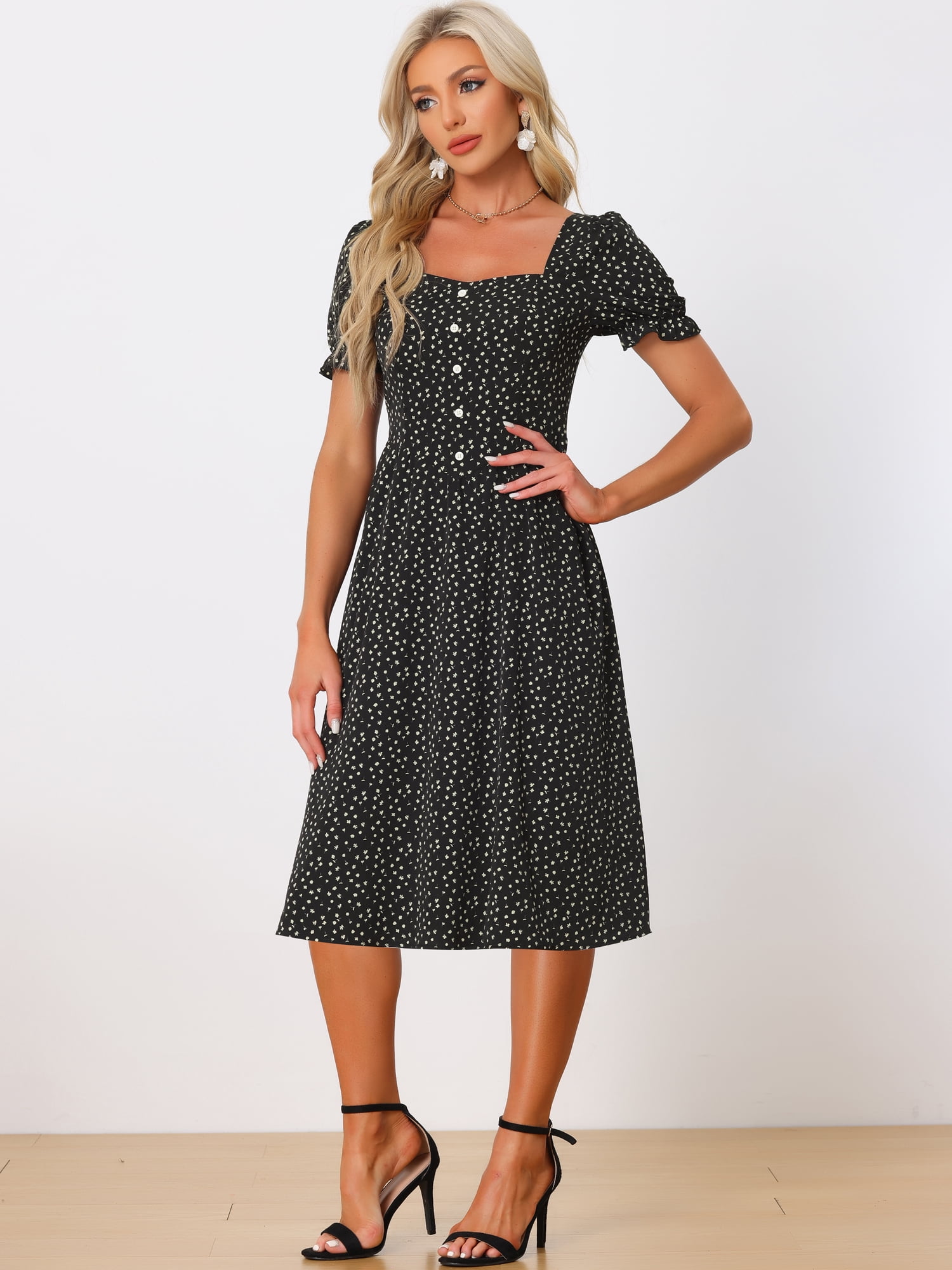Unique Bargains Women's Floral Square Neck Button Decor Puff Short Sleeve Midi Dress L Black