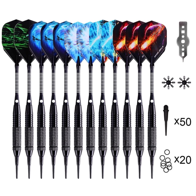 Juego de dardos de punta suave: 12 piezas de 18 gramos con 100 puntas de dardos adicionales, 12 vuelos, protectores de vuelo y llave para electrónica (negro)
