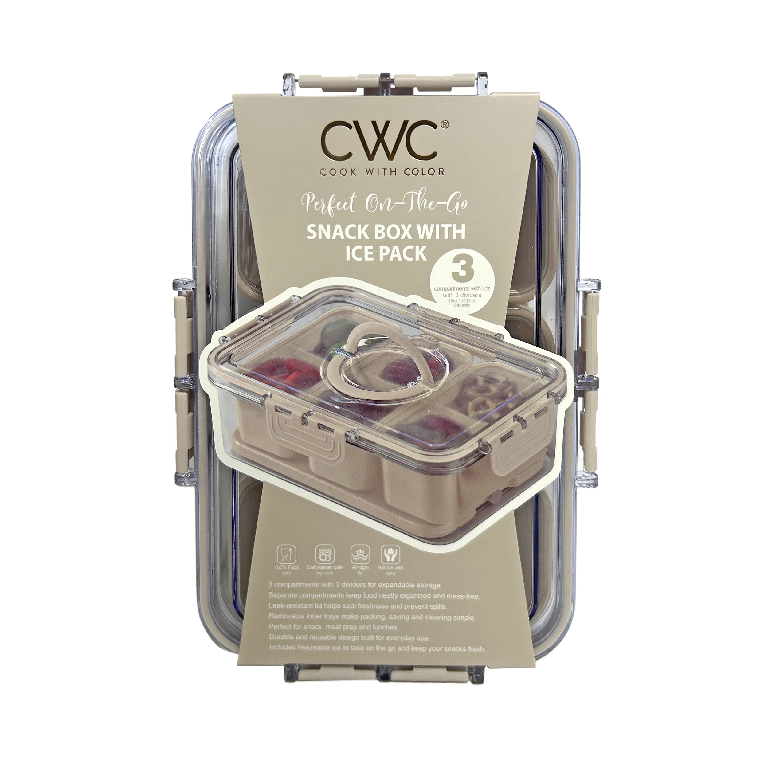 Cook with Color 3-Compartment Portable Snack Box Food Storage Container with Removable Ice Pack, Taupe