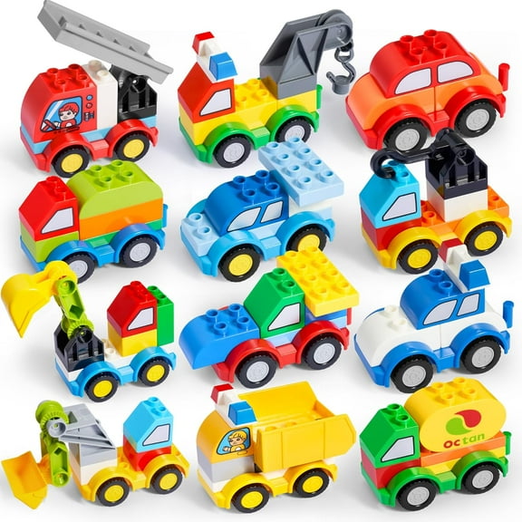 80Pcs Toddlers Car Building Blocks Set, 12Pcs Different Vehicles, Build Your Own Toy Cars, Compatible with Brand Name Building Bricks for Kids Boys Girls Birthday Easter Gift