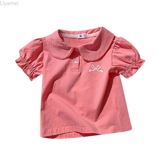 Liyamei Girls Tops, Kids Summer Blouse, Short Sleeve with Bow and Lapel Collar Cute for Toddler Pink Size 3-4 Years