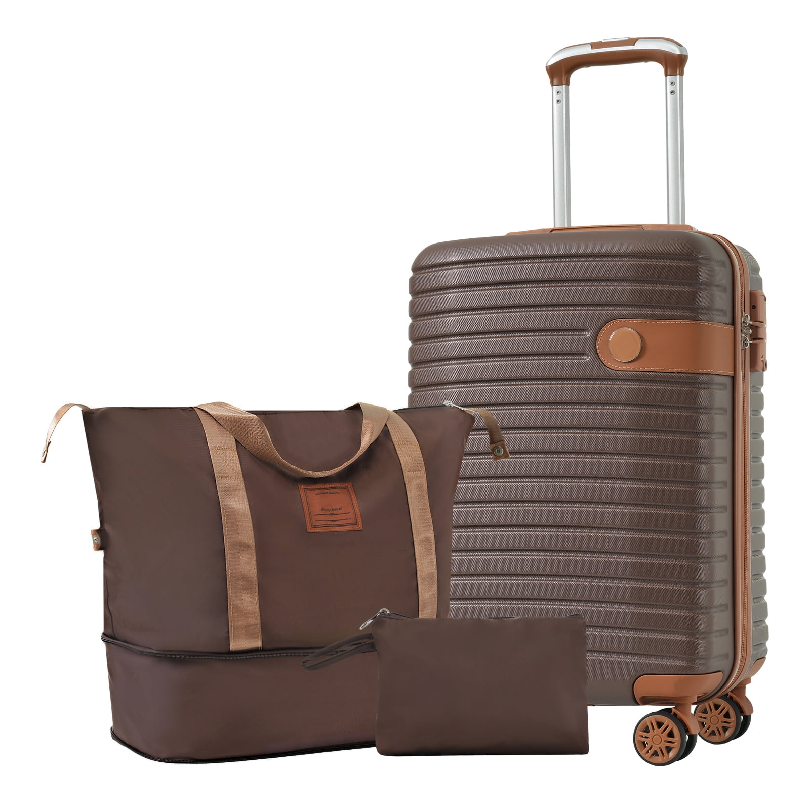 Coowa 20" Lightweight Hardshell ABS Luggage Set - 3-Piece Carry-On Suitcases with Wheels, TSA Lock (Brown)