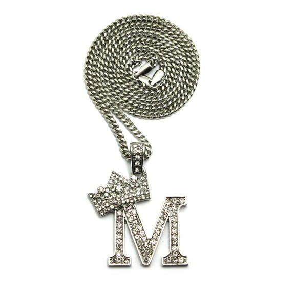 Stone Stud Allover Tilted Crown Initial M Pendant w/ 3mm 24" Cuban Chain Necklace, Silver-Tone