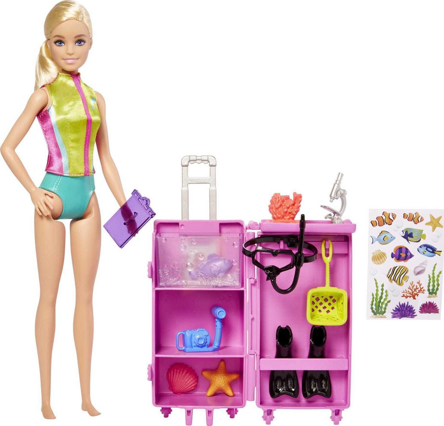 Barbie Dolls & Accessories, Marine Biologist Doll (Blonde) & Mobile Lab Playset with 10+ Pieces, Case Opens for Storage & Travel, Ages 3+