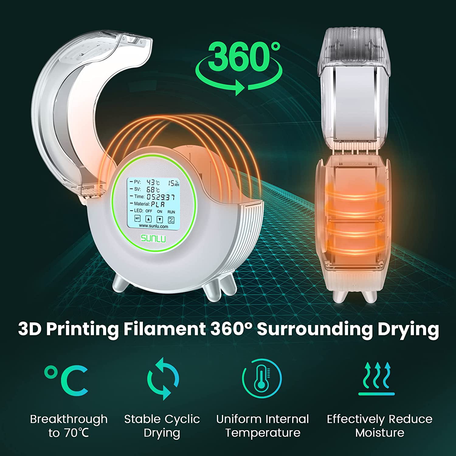 SUNLU S2 Dryer Box With Fan Upgrade 3D Filament Dry Box 82mm MAX70℃ 360°  Heating Humidity Display LED Touch Screen Time Setting