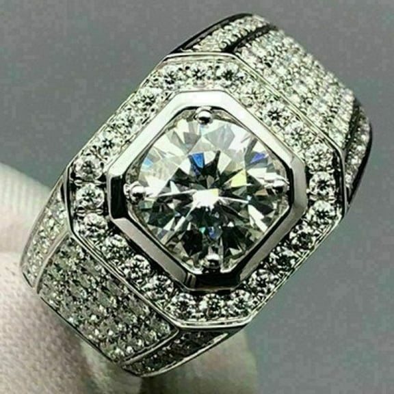 3.50CT Round Cut Moissanite Solitaire Men's Engagement Ring 14K White Gold Plated Silver