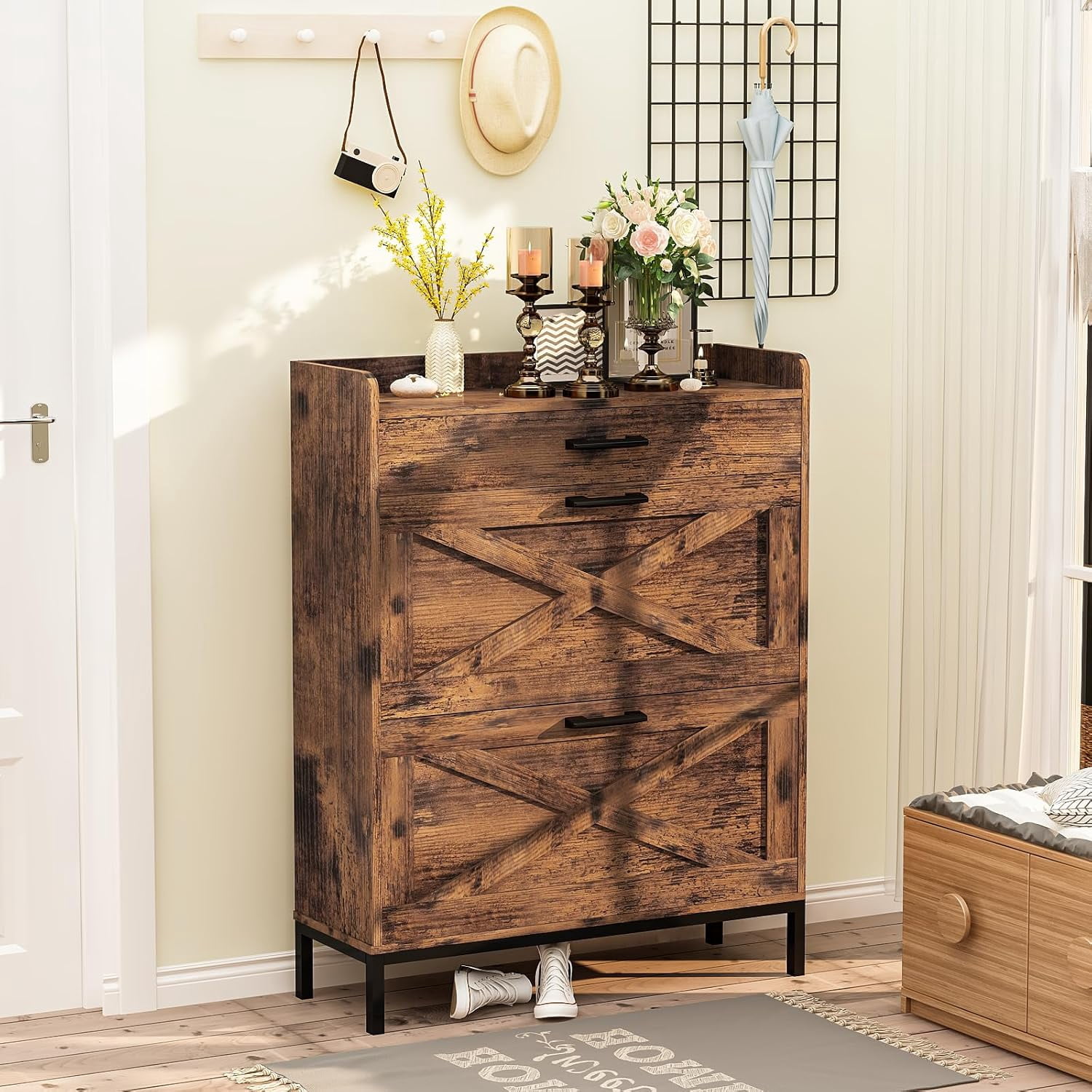 Baxluxe Shoe Cabinet with 2 Flip-Down Drawers & 4 Tiers 16 Pairs Wooden Shoe Rack for Entryway Freestanding Shoe Rack for Closet,Hallway, Closet, Dorm, Retro