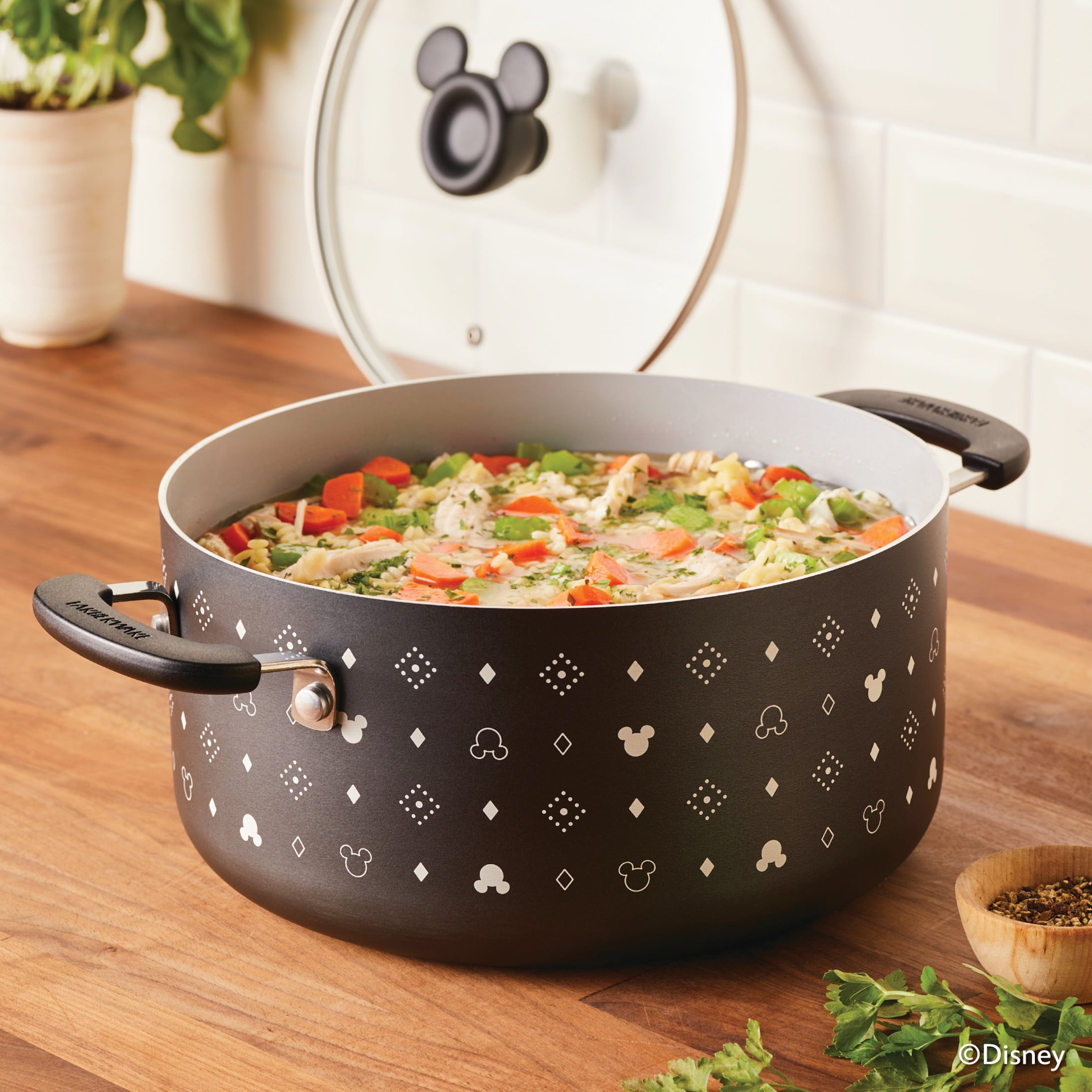 Farberware Disney Monochrome 5.5 Quart Ceramic Nonstick Stockpot with Lid, Dishwasher Safe, Black