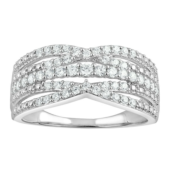 Multi Row Diamond Engagement Ring, Half Eternity Diamond Wedding Ring, Split Shank Pave Set Diamond Ring, Crossover Cocktail Diamond Ring, 14K White Gold Plated, 2.4 Ct Simulated Diamond