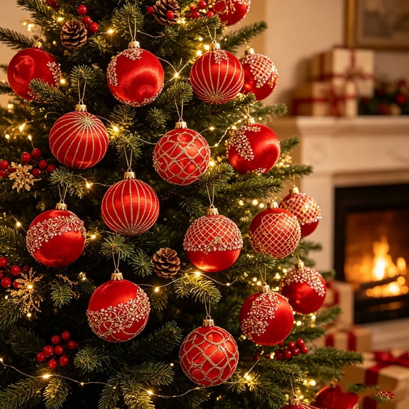 WWC Christmas Ball Ornament Set, 16 pcs Soft Satin Brushed Christmas Balls with Glitter Beaded, Christmas Tree Decorations for Xmas Party, Red