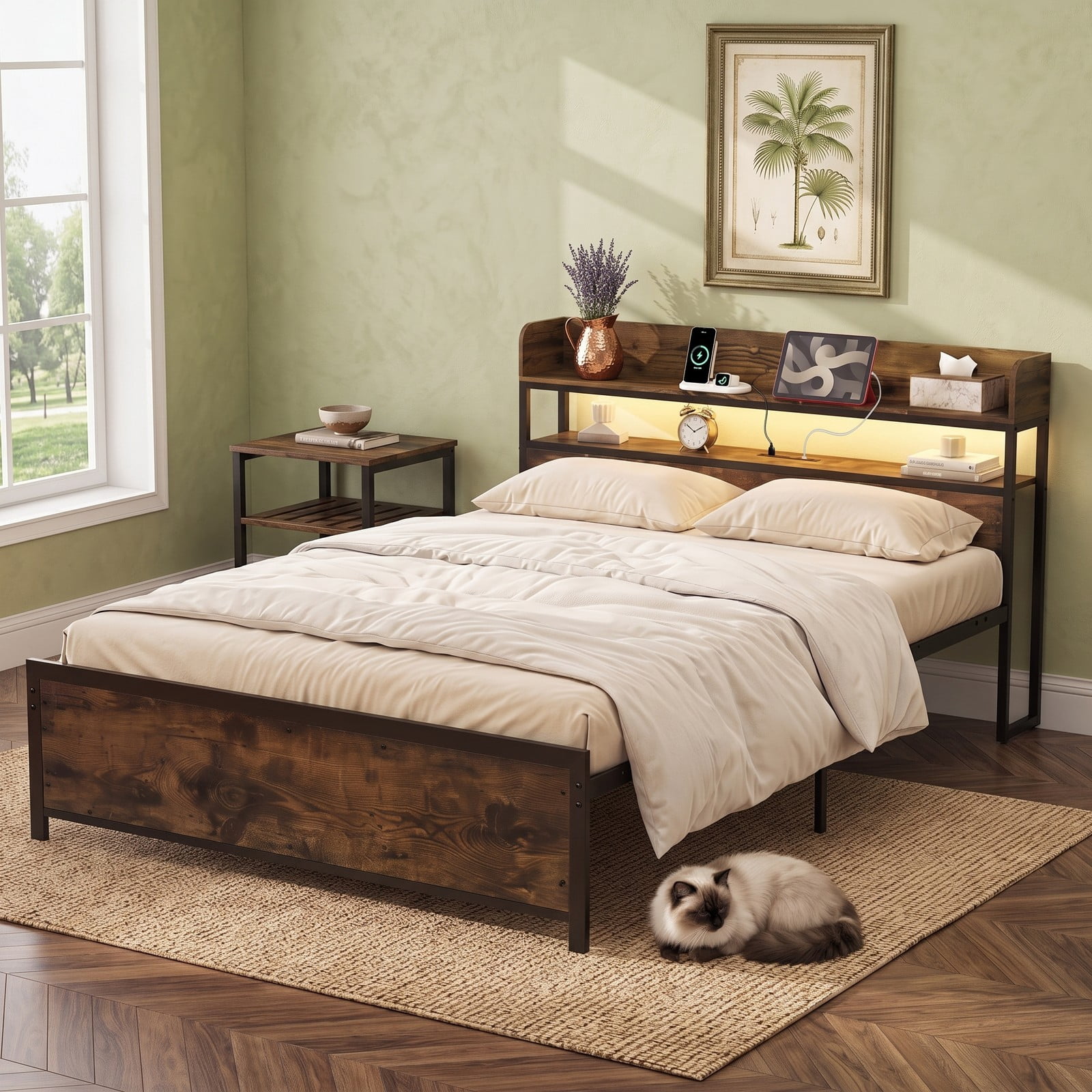 Furnibear Queen Size Bed Frame with Storage Headboard, LED Platform Bed Frame with Power Outlets and USB Ports, Rustic Brown