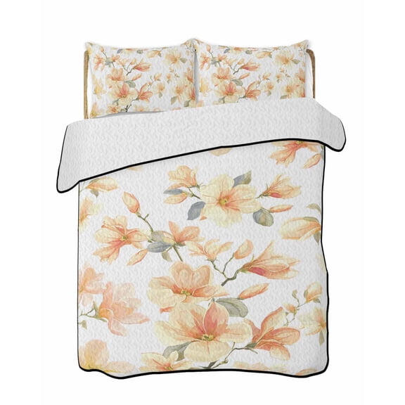 Quilts King Size Bedding Set, Orange Flowers Lightweight Quilted Comforter, Spring Watercolor Botanical Floral Leaf Plant Soft Bedspread Coverlet with Pillow Covers for All Season, 96" x 106"