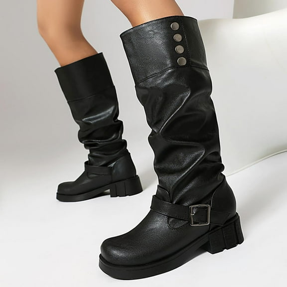 Bnwani Low Heel Boots for Women Winter Fashion Toe Thick Chunky Mid-Calf Casual Solid Splicing Boot Black Size 5