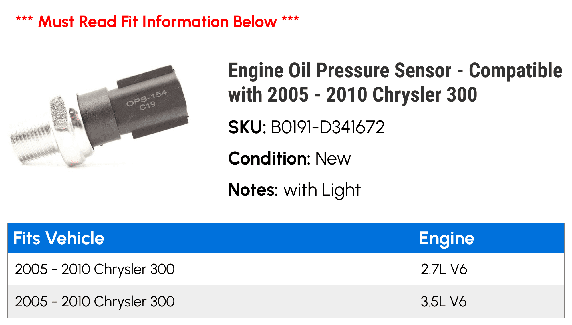 Engine Oil Pressure Sensor - Compatible with 2005 - 2010 Chrysler 300 2006 2007 2008 2009