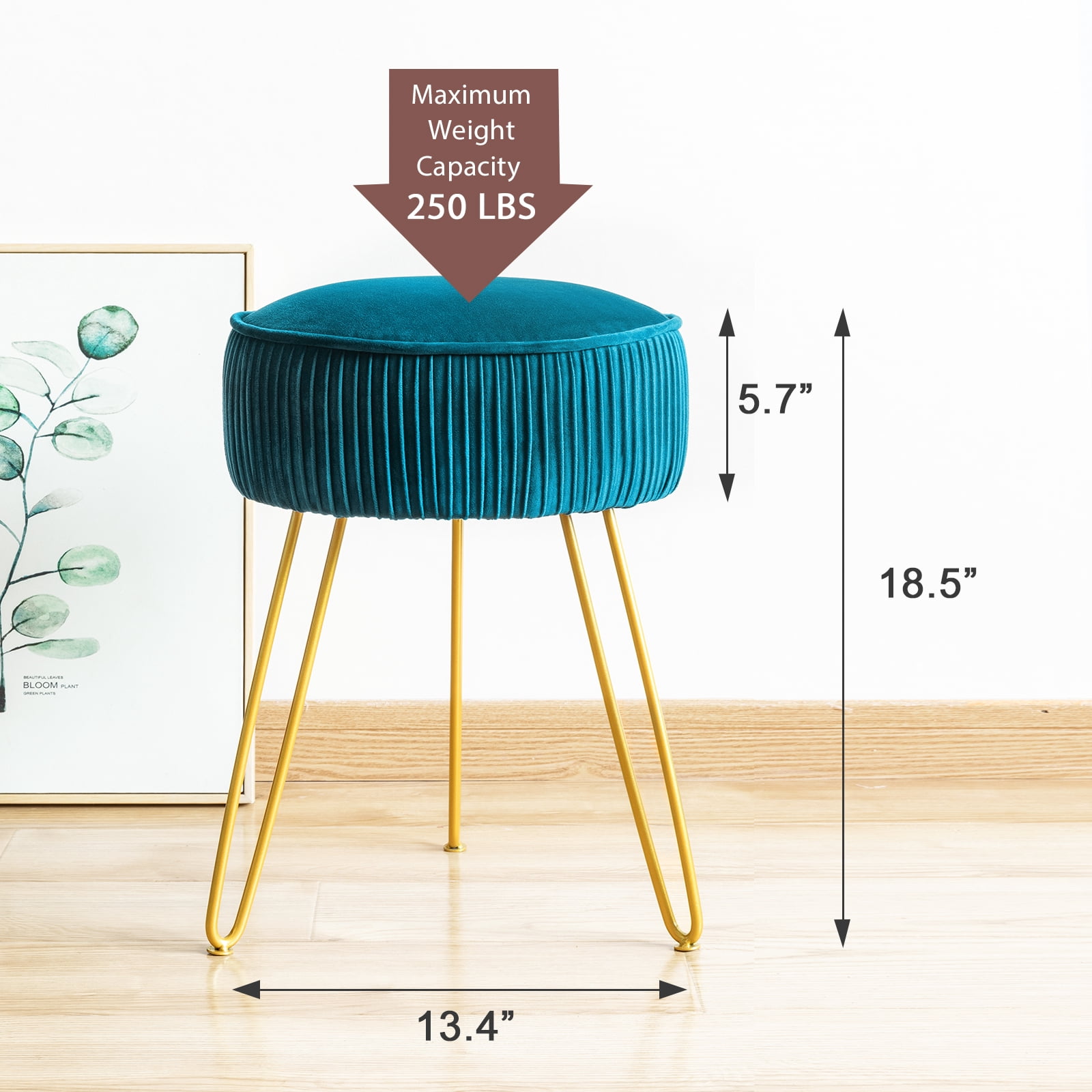 Dycanpo Blue Vanity Stool Vanity Chair with Velvet Upholstered, Metal Legs for Living Room, Adult