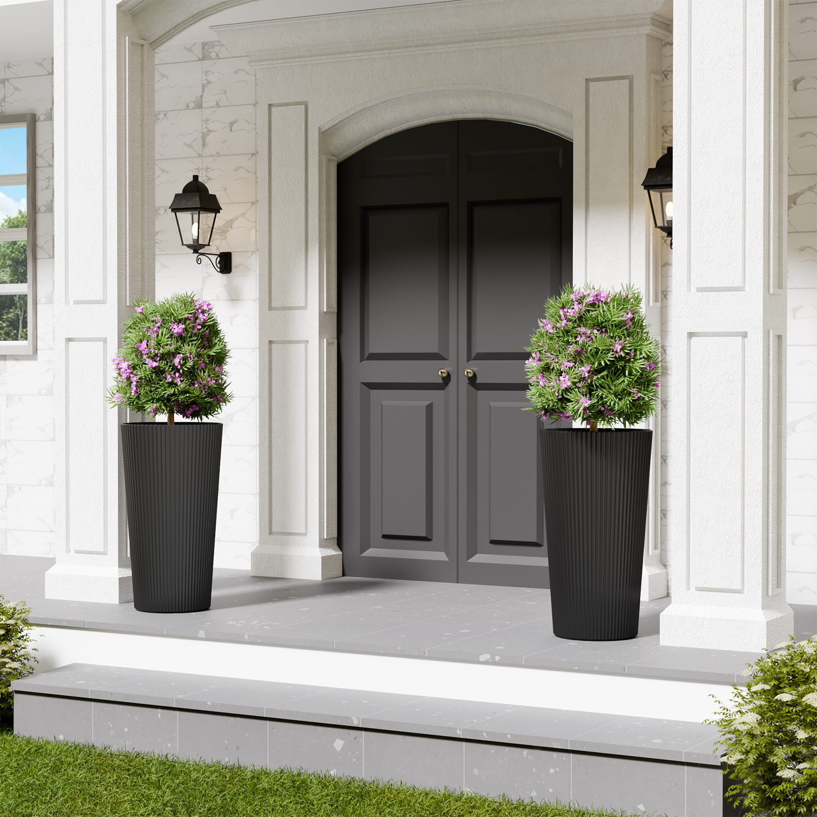 Chiccushion 23.6 inch Tall Planter Set of 2, Large Plastic Round Planter for Outdoor Indoor Garden Patio Front Door, Black