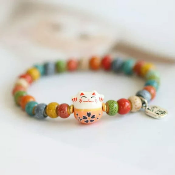K-KED Fashion Cute Lucky Cat Bracelet For Girls Adjustable Colorful Beaded Bracelets-_-A4