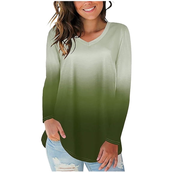TIHLMK Women's Tops, Tees & Blouses Womens Long Sleeve V-Neck Gradient Colour Loose Casual Tee T-Shirt Tops Green