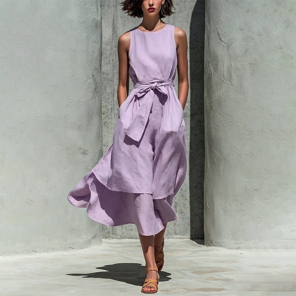 Blmnix Flowy Dresses Women Dress Tank Linen Dress A Line Dresses Petticoat Sleeveless Purple Crew Neck Cocktail-Length Belted Summer Dress for Women XL
