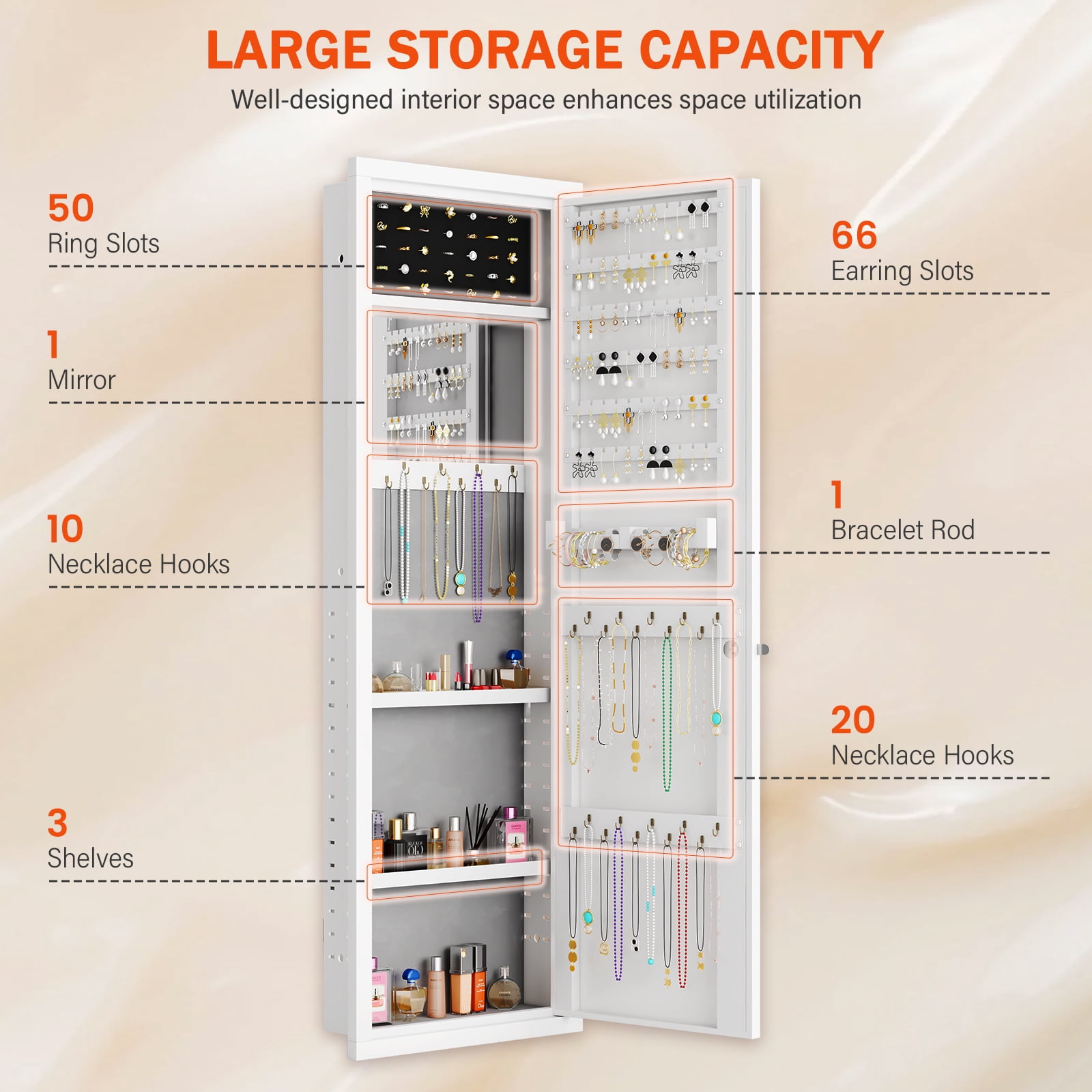 Mirror Jewelry Cabinet, 47.24" Tall Wall Mounted Jewelry Cabinet with Mirror and Light, Large Jewelry Armoire Organizer, Jewelry Storage with Lock & Adjustable Shelves (White