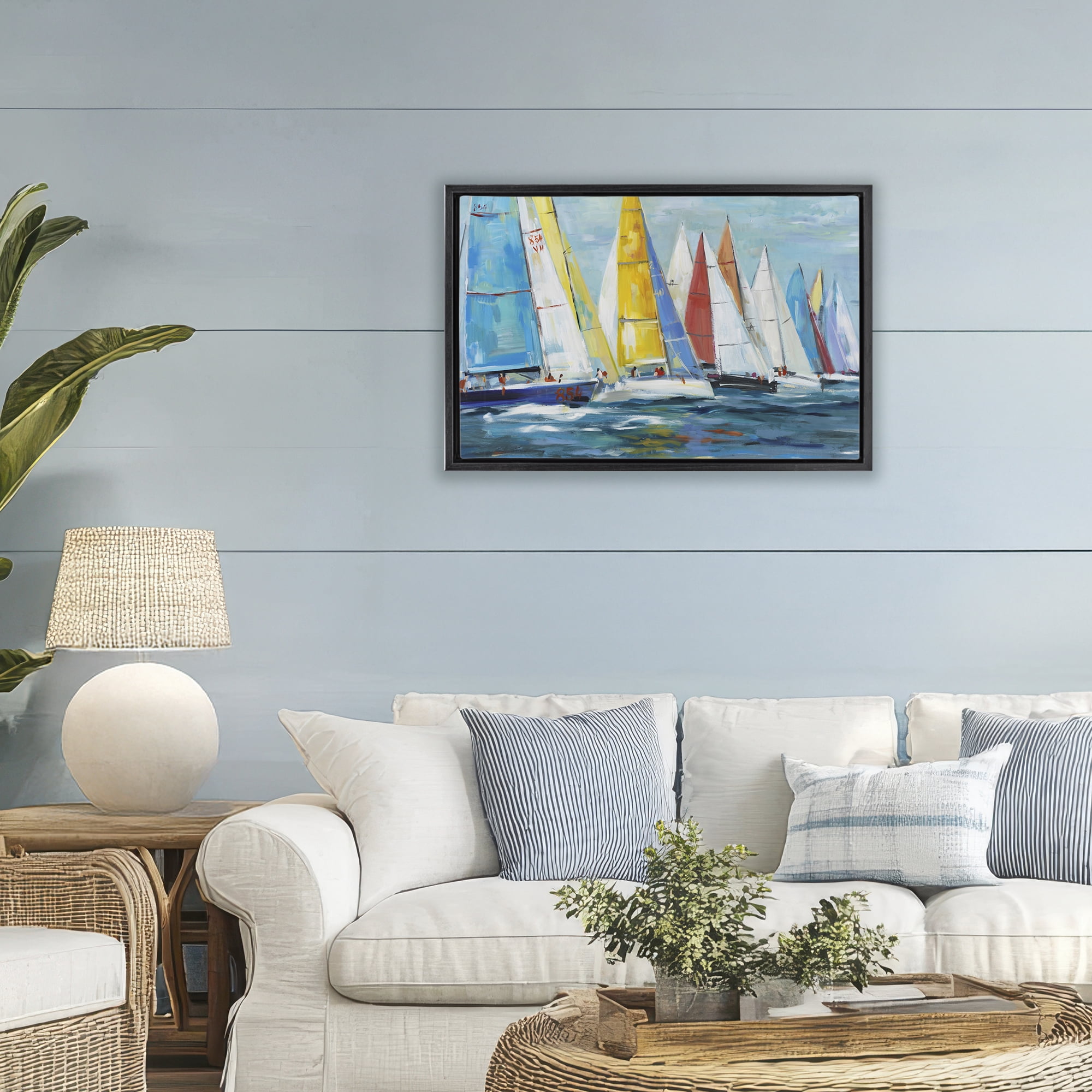 Stupell Industries Colorful Sails Coastal Scene Black Framed Floater Canvas Wall Art, design by Lorenzo Collective