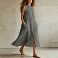 thumbnail image 2 of Women Solid Sleeveless Pleated Midi Dress, Front Button Split Flowy Long Dress, Summer Casual Vacation Sundress Gray L(L), 2 of 6