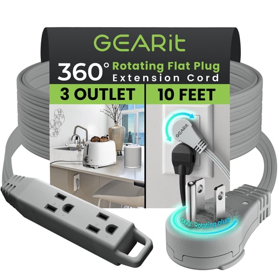 GEARit 360 Rotating Flat Plug Extension Cord with 3 Outlets (10ft, Gray) 16AWG/13A 3 Prong Wire, Outlet Saver for Home Office Dorm Room Essentials, ETL Certified