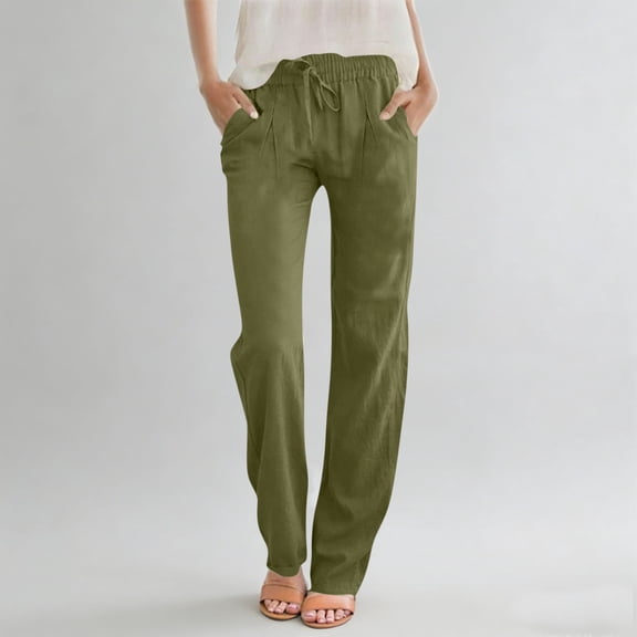Ayolanni Lightweight Pants for Women Elastic Waist Solid Flowy Straight Leg Pants Pleated Casual Drawstring Green Loose Trousers with Pockets L