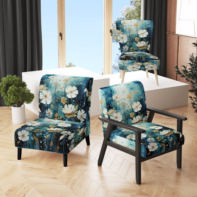 Designart "Blue Calm Gardens IV" Blue Abstract Upholstered Accent Chair - Modern Arm Chair For Bedroom